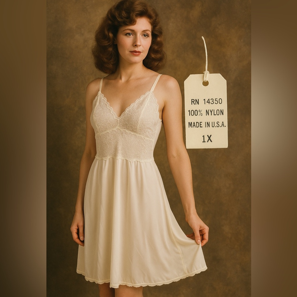 Vintage 1980s Ivory Nylon Lace Full Slip Nightgown Style 1X USA Made